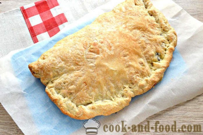 Pie dengan kubis dan cendawan dalam puff pastri - bagaimana untuk memasak kek puff doh tidak beragi, langkah demi langkah resipi foto
