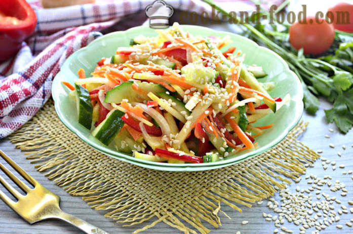 Salad sayur-sayuran segar dengan bijan - bagaimana untuk membuat salad dengan bijan dan sayur-sayuran, dengan langkah demi langkah resipi foto