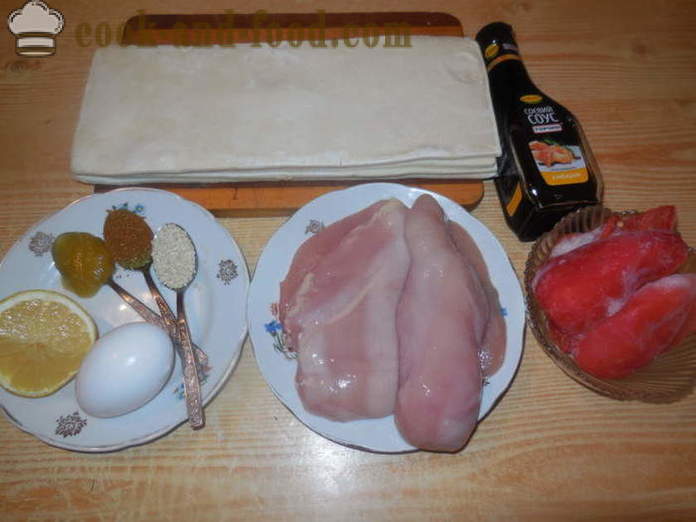 Ayam dalam puff pastri dalam ketuhar pada lidi - bagaimana untuk memasak ayam pada lidi, satu langkah demi langkah resipi foto