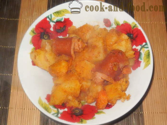 Solyanka dengan sosej dan kentang dalam multivarka - bagaimana untuk memasak sosej yang lazat dengan kentang, langkah demi langkah resipi foto