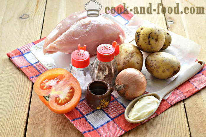 Kentang bakar dengan ayam dan tomato - bagaimana untuk membakar ayam di dalam ketuhar dengan kentang, langkah demi langkah resipi foto