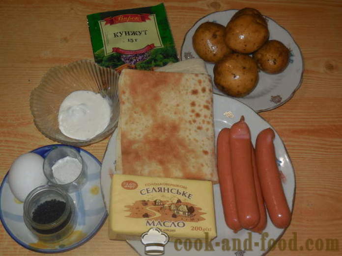 Gulung lazat roti pita dengan kentang dan sosej - Bagaimana untuk menyediakan gulung pita disumbat, langkah demi langkah resipi foto