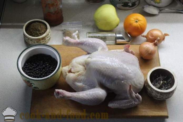 Ayam di seluruh ketuhar, dengan epal dan oren - ayam lazat dibakar dalam keseluruhannya ketuhar, langkah demi langkah resipi foto