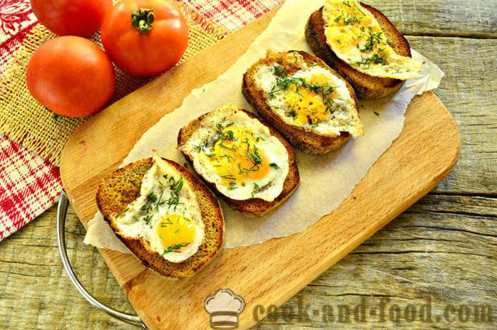 Roti bakar Perancis dengan telur dan sayur-sayuran pada kuali - bagaimana untuk membuat roti bakar dengan telur untuk sarapan pagi, langkah demi langkah resipi foto