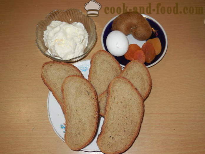 Kek keju malas dari roti dengan keju, aprikot kering dan buah kiwi - seperti bakar kek keju malas dengan keju lembut, langkah demi langkah resipi foto