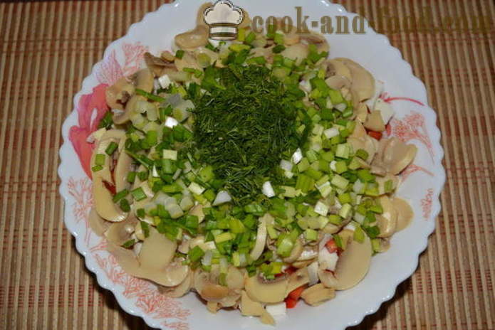 Salad dengan sotong, cendawan, timun dan lada - bagaimana untuk menyediakan salad dengan sotong dan cendawan, langkah demi langkah resipi foto