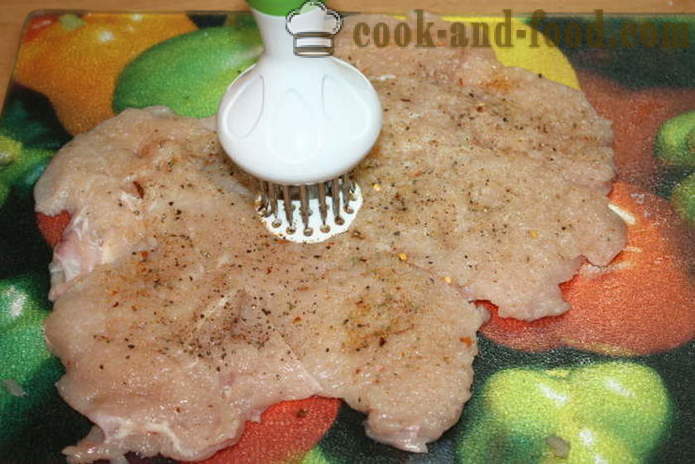 Dada ayam daging cincang gulung disumbat dengan cendawan dan daging cincang dalam oven - bagaimana untuk memasak daging cincang gulung di rumah, langkah demi langkah resipi foto