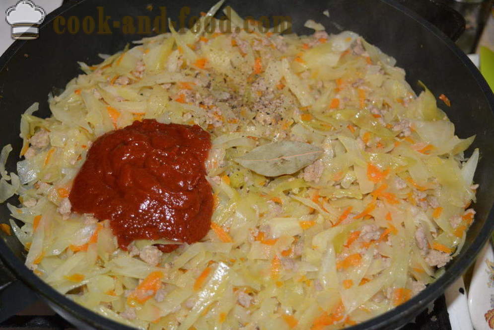 Kubis tumis dengan daging cincang di skovorode- bagaimana untuk memasak stew yang lazat kubis dengan daging cincang, langkah demi langkah resipi foto