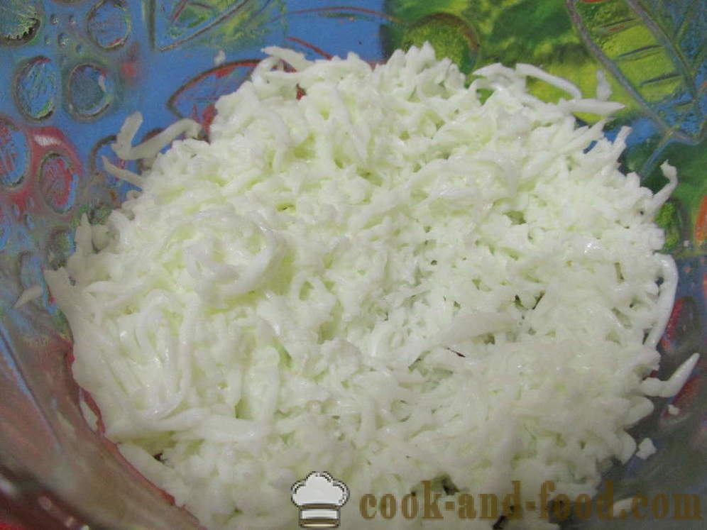 Salad Mimosa dengan tin dan diproses keju - bagaimana untuk menyediakan salad dengan Mimosa Canned tanpa minyak, langkah demi langkah resipi foto