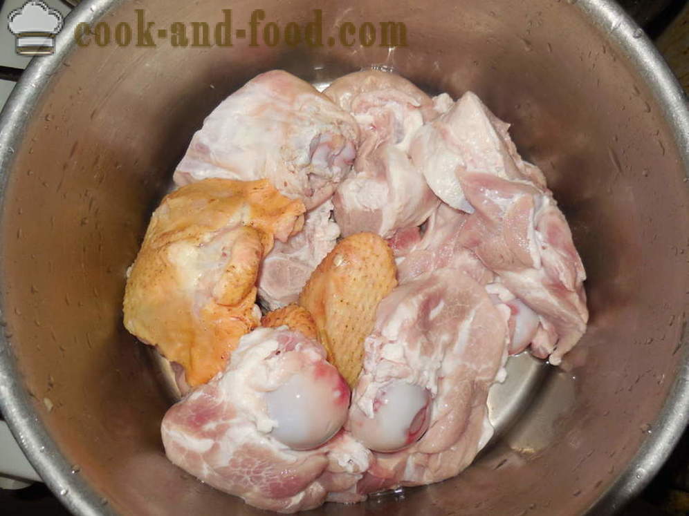 Ayam dibeku buatan sendiri tanpa gelatin - bagaimana untuk menyediakan ayam dibeku dan daging babi multivarka-cooker, langkah demi langkah resipi foto