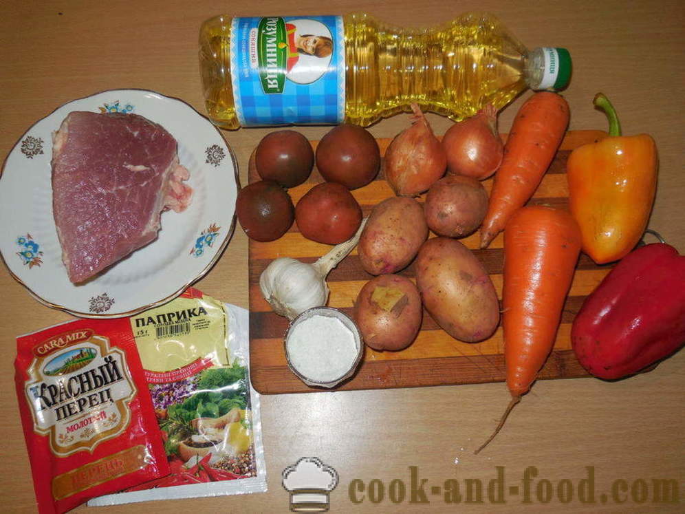Bakar kentang dengan daging dan sayur-sayuran - bagaimana untuk memasak rebus kentang dengan daging dalam multivarka, langkah demi langkah resipi foto