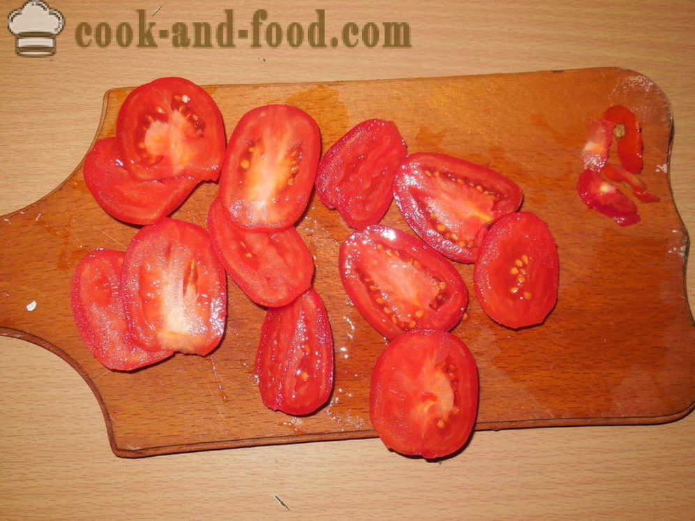 Terung bakar dengan daging dan tomato - seperti terung bakar dengan daging di dalam oven, dengan langkah demi langkah resipi foto