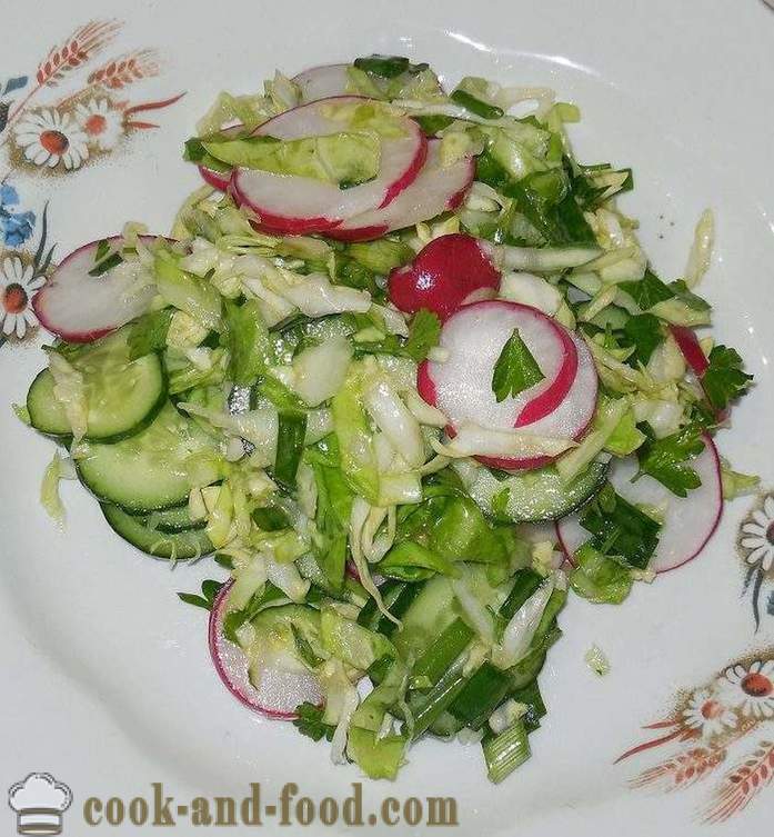 Salad spring mudah dan lazat kubis, lobak dan timun tanpa mayonis - bagaimana untuk membuat salad musim bunga dengan langkah demi langkah resipi foto
