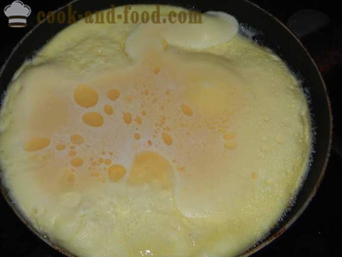 Dadar udara lazat dengan krim masam dalam kuali - bagaimana untuk memasak telur dengan keju, satu langkah demi langkah resipi dengan gambar.