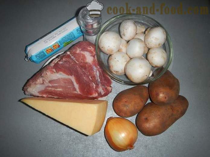 Kentang di Perancis dalam ketuhar - gambar-resipi bagaimana untuk memasak kentang di Perancis dengan daging babi dan cendawan
