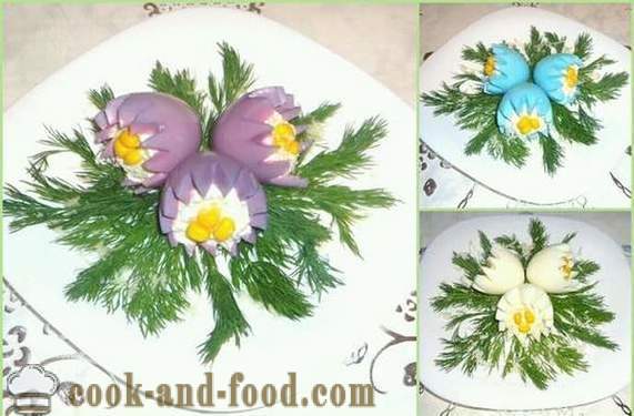 Telur disumbat dengan keju dan bawang putih - hidangan sejuk, resipi dengan gambar